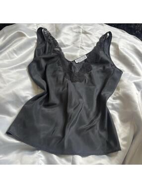 Vintage Lady Lynne Black Lace Camisole Top L Large ILGWU Union Made USA Silky